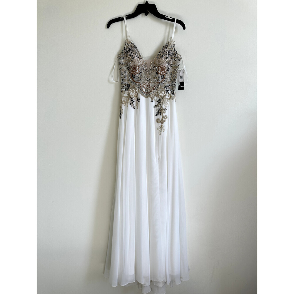 XSCAPE Women's Embellished Chiffon Gown Dress In Ivory 2268X Size 0 $419